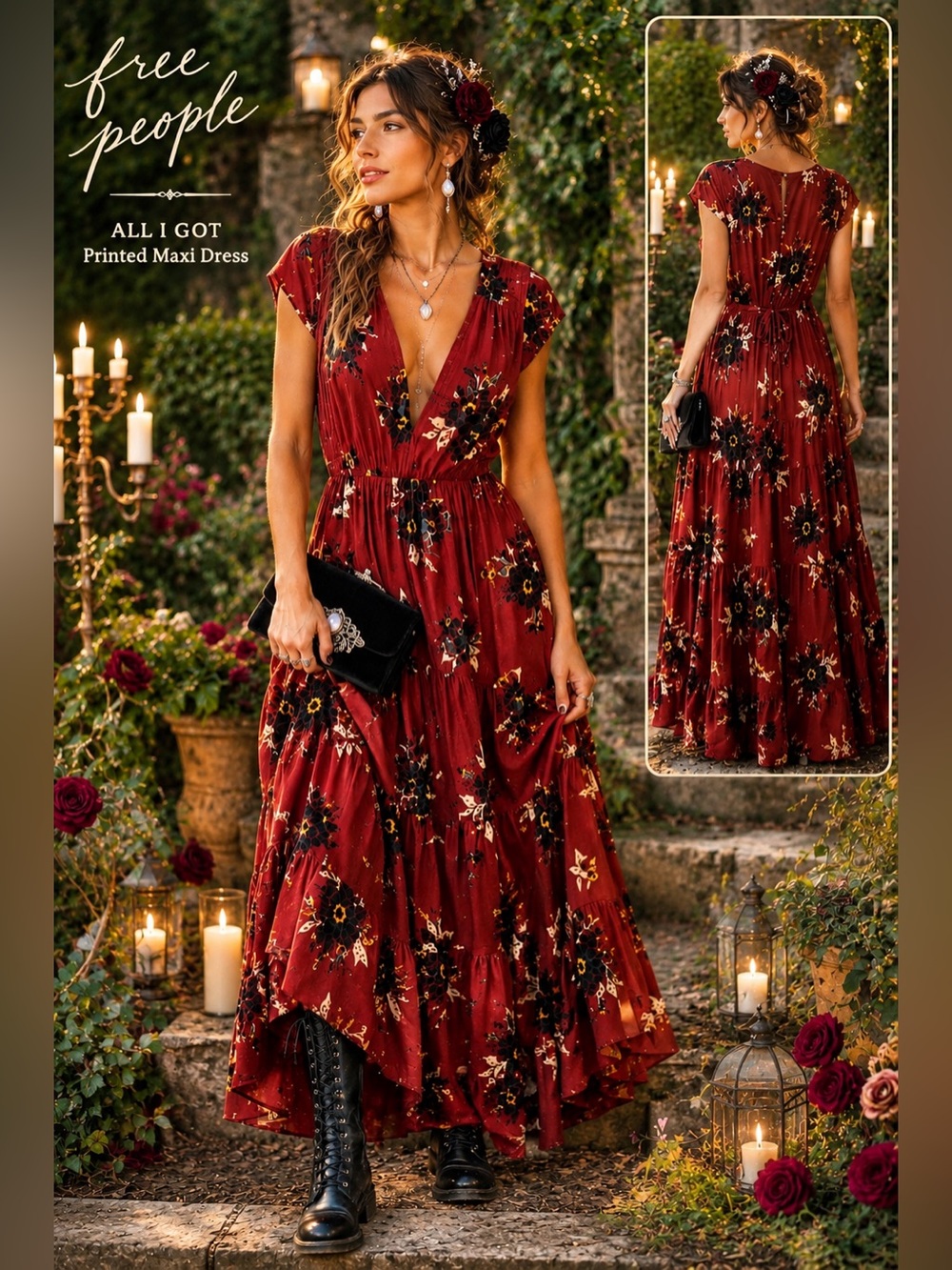 Free People All I Got Tiered Maxi Dress 4 Red  Floral Western Boho Romantic